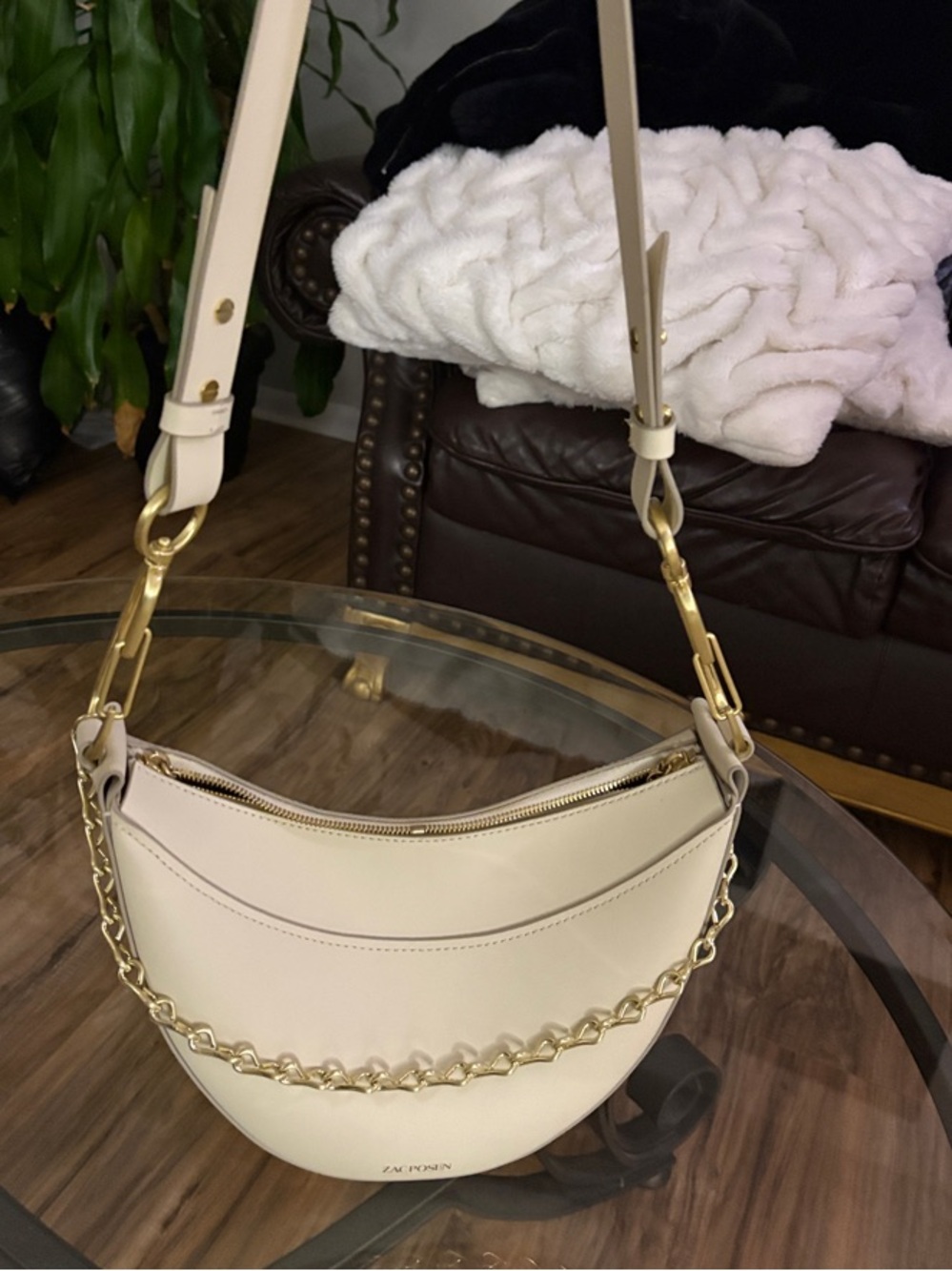 Zac Posen Cream Crescent Shoulder Bag with Gold Chain Accent